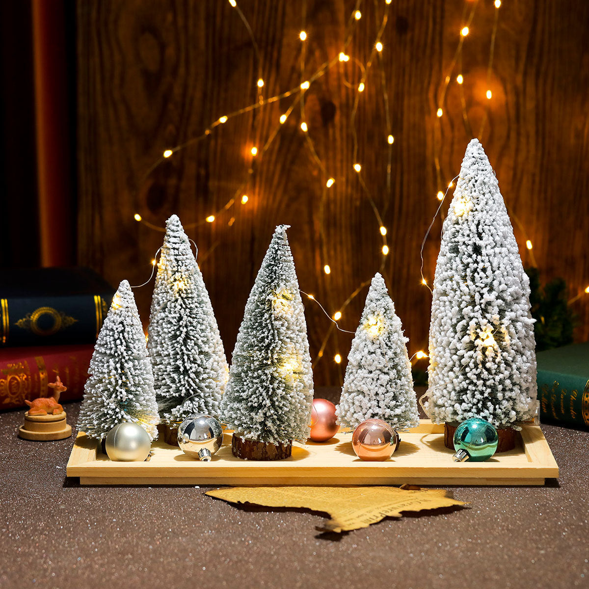 Mini Christmas Tree Set of Five with Warm White Lights | Natural Wood Base | Tabletop and Mantel Holiday Decorations