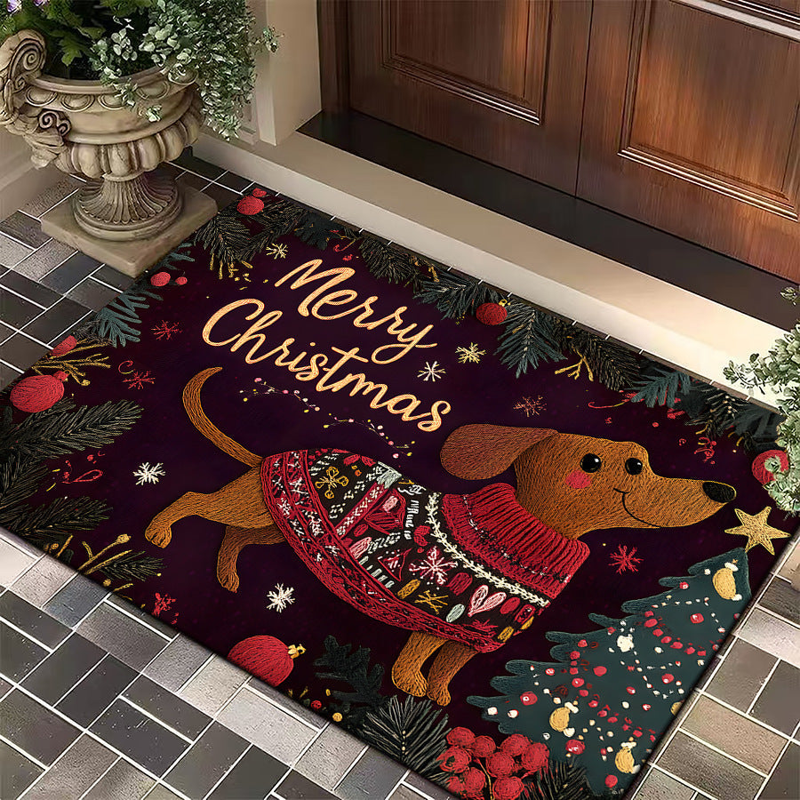 Christmas Door Mat with a Dog in a Festive Jumper | Red Welcome Rug for Entryways | Durable Weave in Several Sizes