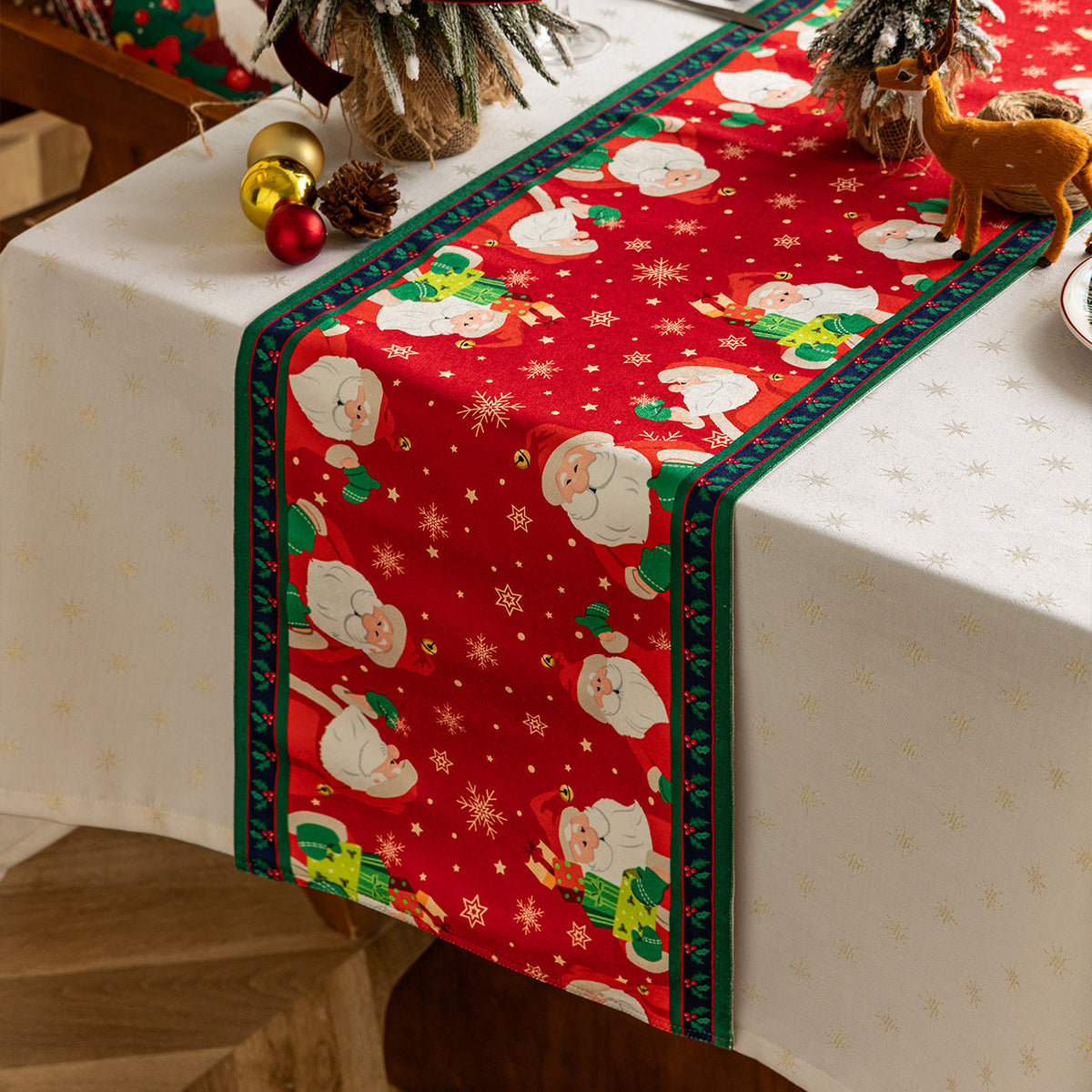 Christmas Table Runner with Reindeer and Star Print | Soft Cotton Blend Weave, Finished Edges | Machine Washable Mat, 5 Lengths