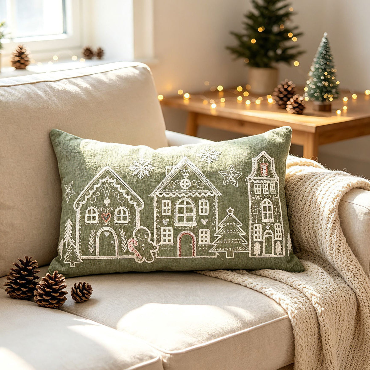 Christmas Bedroom Pillow Cover with Embroidered Gingerbread Houses | Soft Velvet Style Fabric, Hidden Zipper | Six Designs, Two Sizes