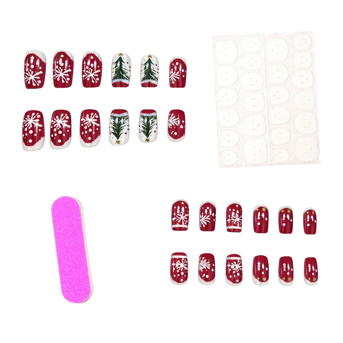 Christmas Tree Press-On Nails in Red and White | Snowflake and Dot Artwork | Chip-Resistant Tips for Holiday Parties