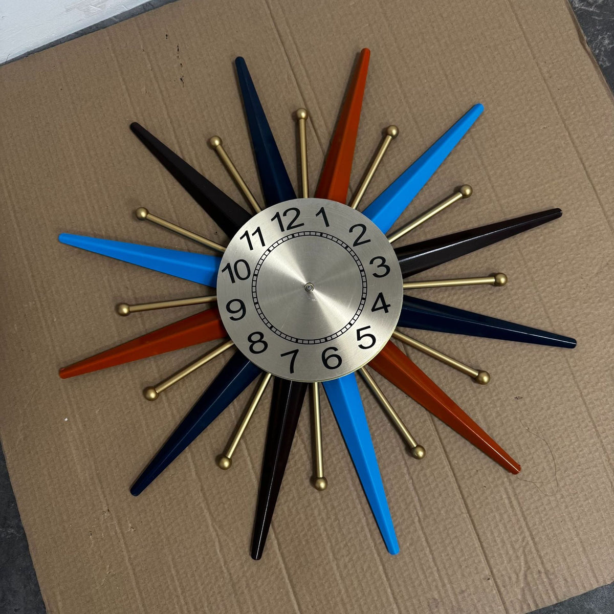 Starburst Retro Wall Clock with Radiating Spokes | Large Gold Dial with Clear Numbers | Two Diameters, 24 or 28 in