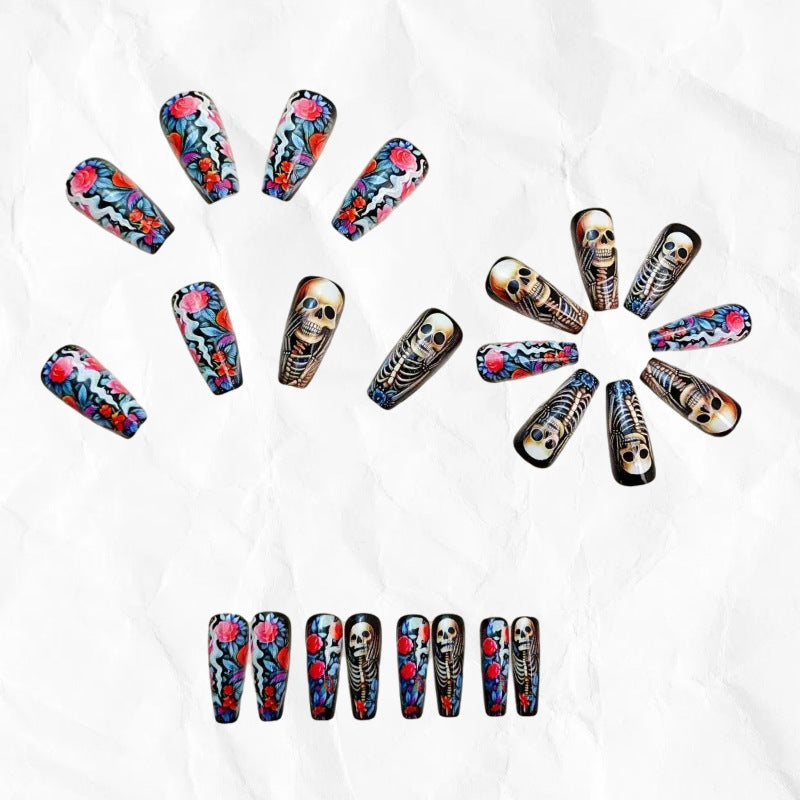 Halloween Skeleton Floral Press-On Nails | Glue-Free Application in Minutes for Parties and Nights Out