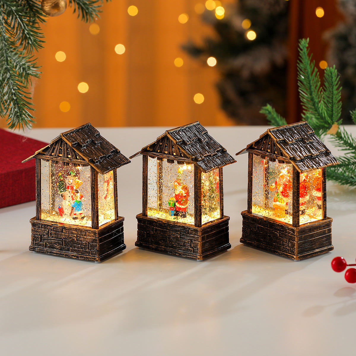 Wooden Lantern with Soft Christmas Lights | Lit Santa Scene and Snowflake Detail | Easy On Off Switch for Tabletop Decor