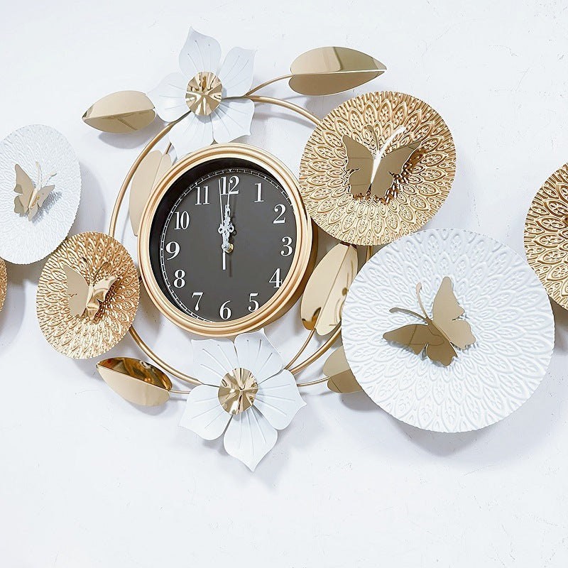 Butterfly Wall Clock with Gold-Tone Discs and Floral Accents | Silent Movement for a Living Room or Bedroom | 2 Finishes