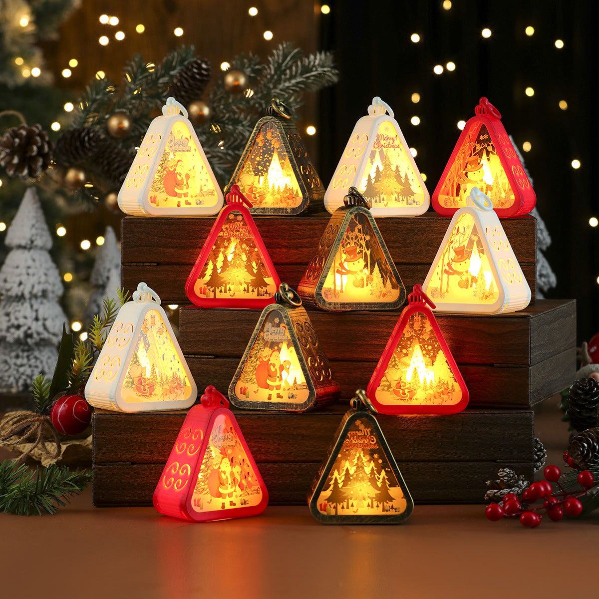 Tree Shaped Christmas Decorations with Santa and a Snowy Scene | Hanging Light Box with On Off Switch | Warm Glow for Indoor Use