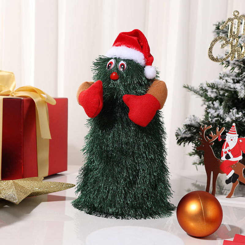 Plush Christmas Tree Figurines with Santa Hat and Red Mittens | Tabletop and Mantel Decor | Three Playful Designs