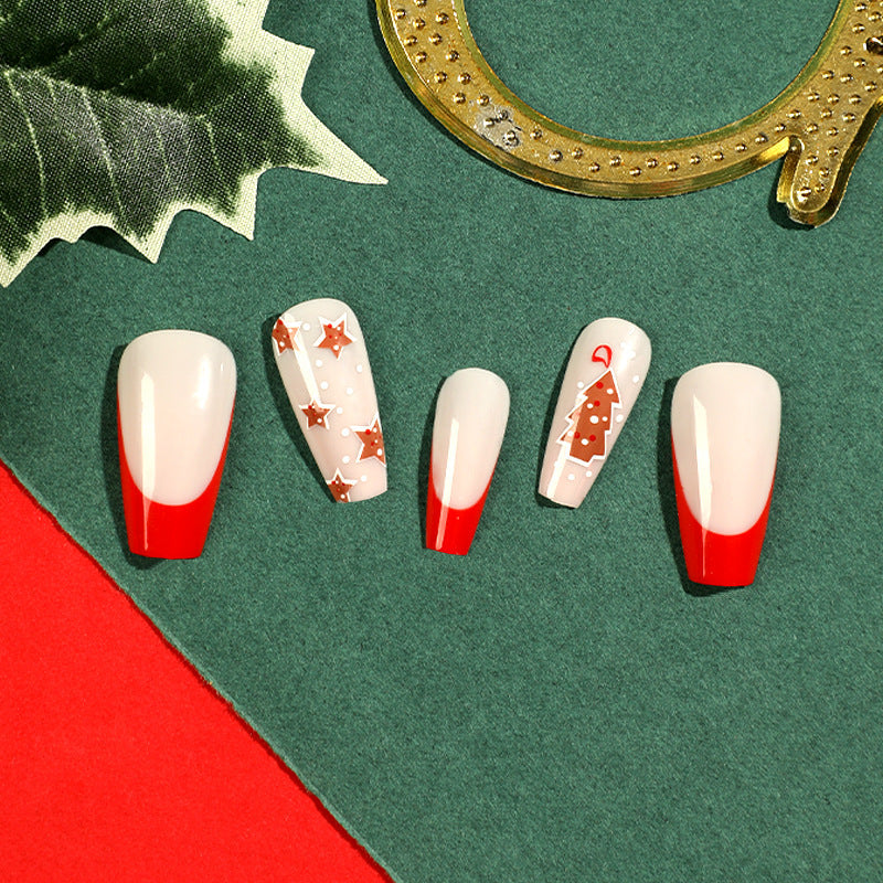 Christmas French Tip Nails in Nude and Red | Long Press On Set with Tree and Star Art | Glitter Accents, Salon Look