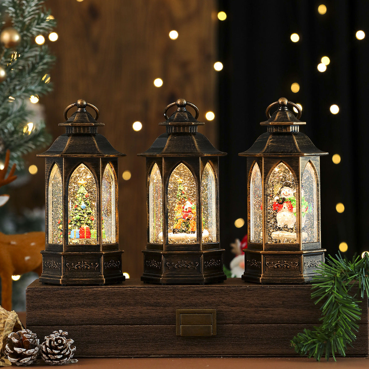 Battery Operated Christmas Lights in a Glitter Filled Lantern | Santa and Snowman Scenes Inside | Warm Cordless Tabletop Decor