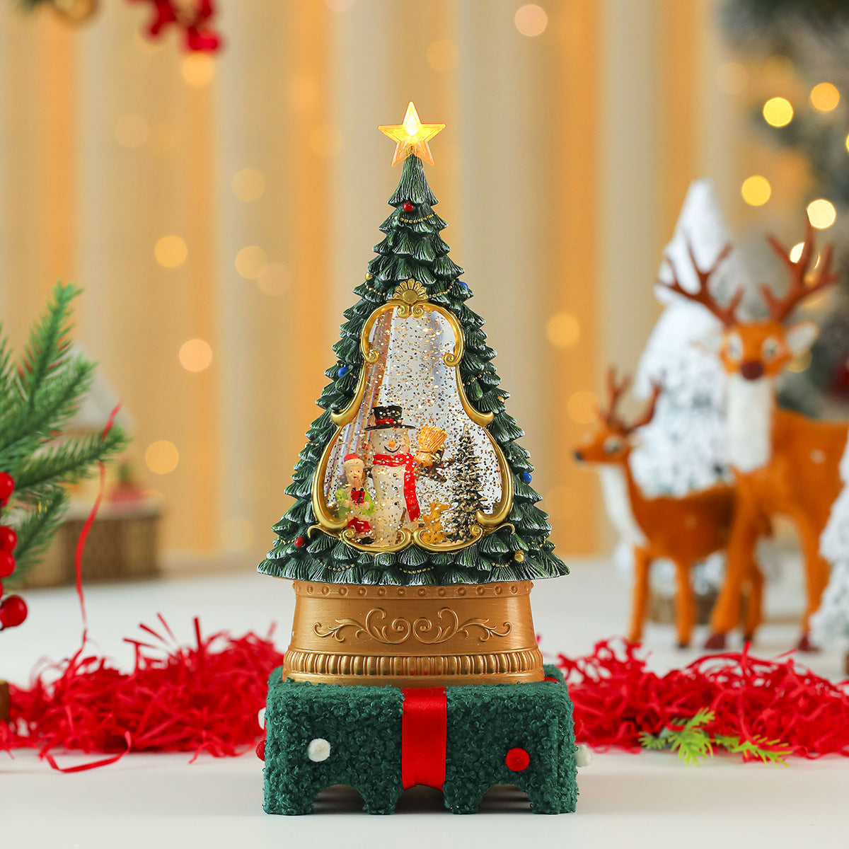 Illuminated Christmas Tree Decorations with a Sparkling Star Top | Painted Scene Behind a Clear Window | Warm Table Glow