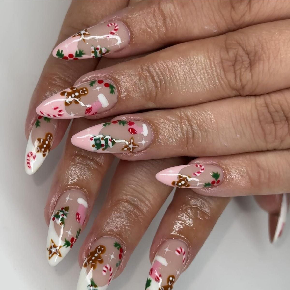 Stiletto Gingerbread Christmas Nails with Candy Cane Art | Press On Nail Set with Adhesive Tabs | Festive Manicure