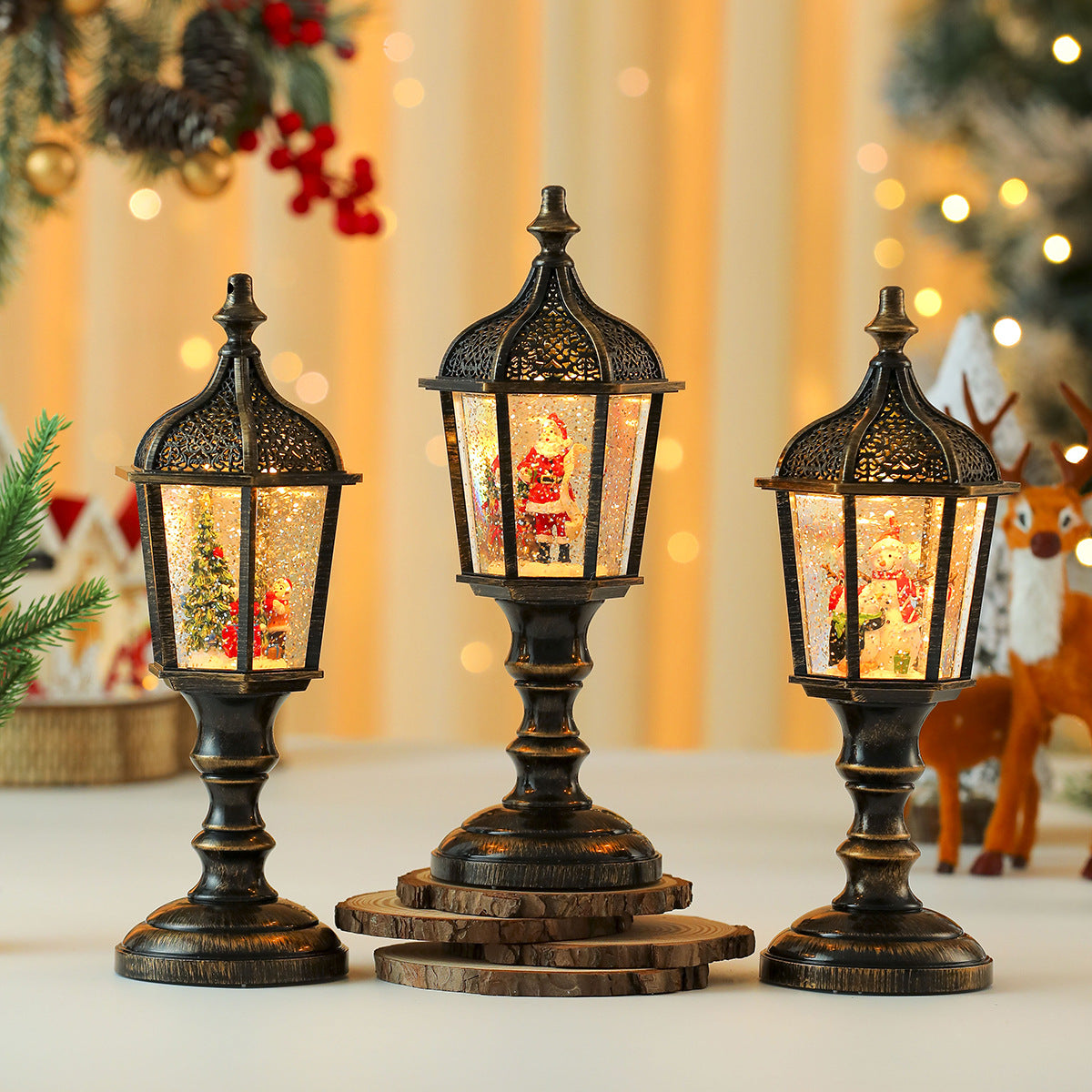 Street Lamp Style Christmas Lanterns with a Santa Scene | Detailed Winter Landscape Inside | Lightweight and Easy to Move