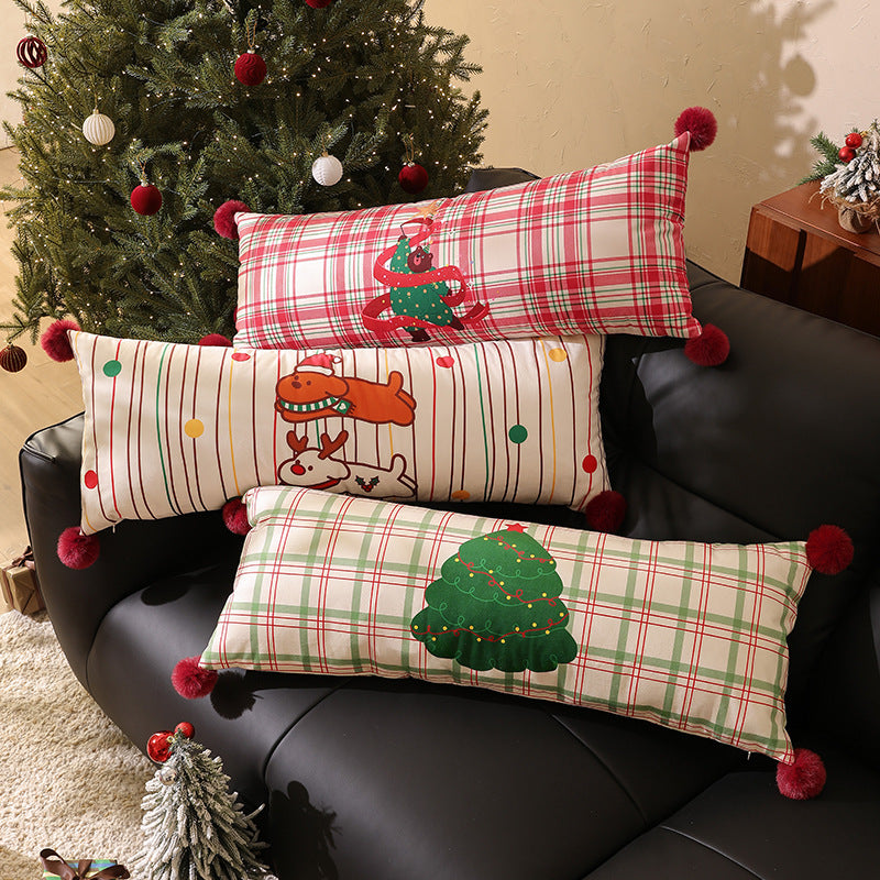 Extra Long Plaid Lumbar Pillow for Christmas Living Room | Pom-Pom Corners, Cotton Blend Cover | 13.78 x 35.43 in, Five Designs
