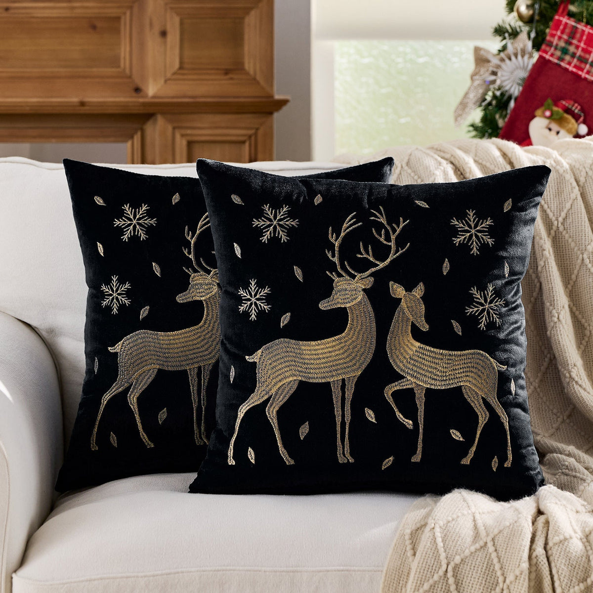 Christmas Living Room Throw Pillow Cover with Deer Silhouette | Removable Case with Discreet Zipper | 42 Designs, 17.72 x 17.72 in