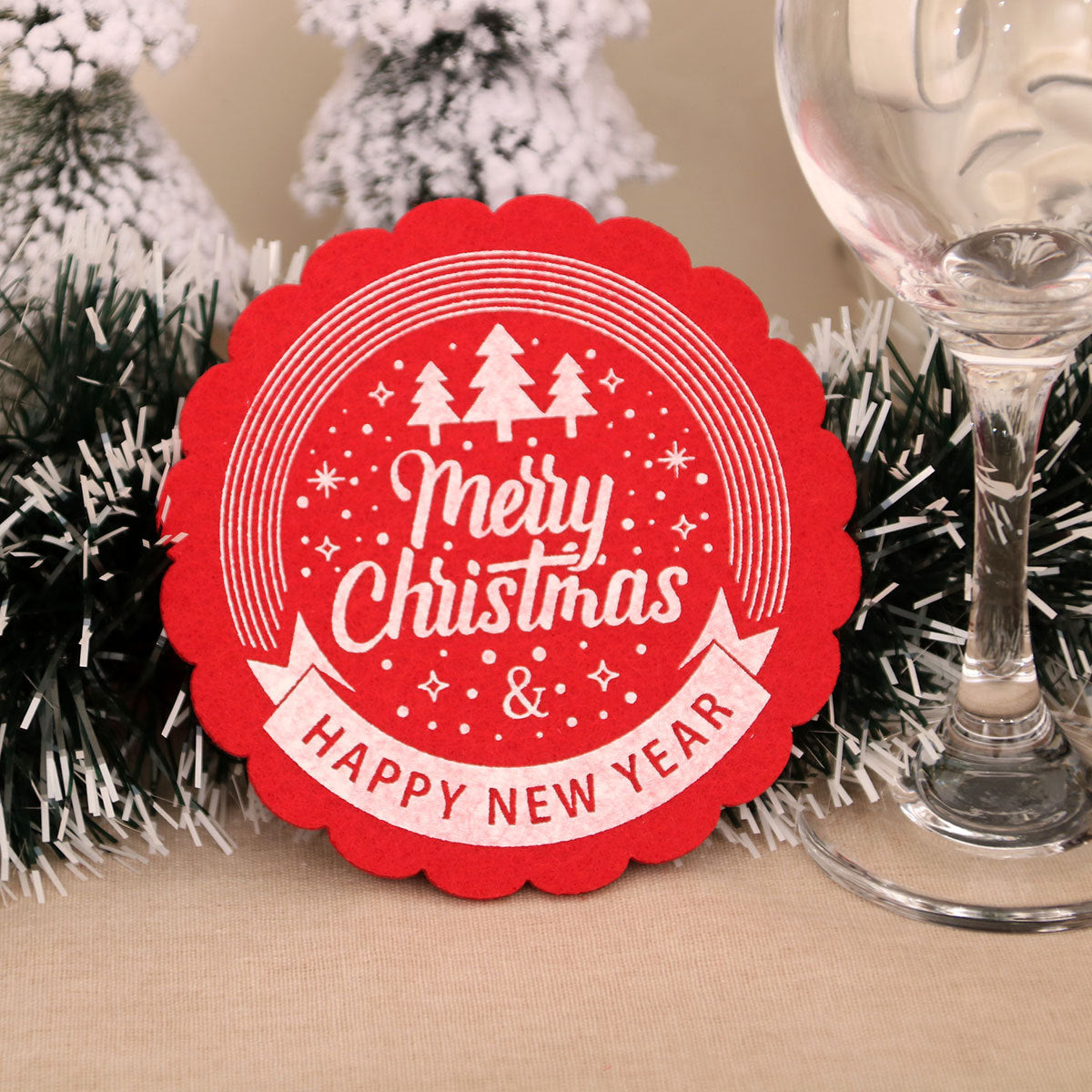 Felt Christmas Table Mats with Scalloped Edges and Merry Print | Round Placemats and Coasters, Two Colorways | Wipe Clean Decorations