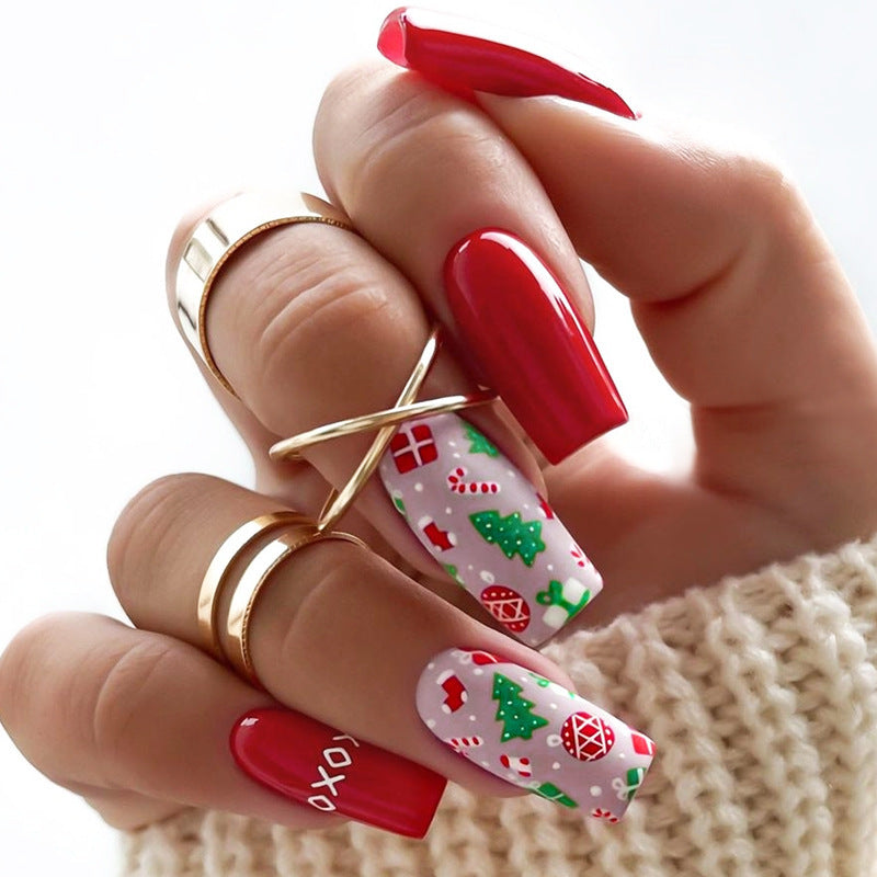 Red Christmas Tree Nails with Glitter Accents | Press On Fingernails in Mixed Sizes | Festive Winter Manicure Kit