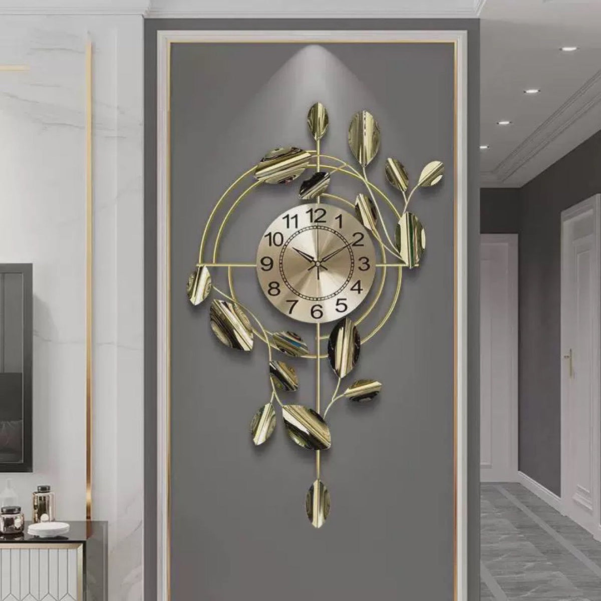 Wall Clock with Gilded Leaves on a Vertical Stem | Large Numbers on a Brushed Gold Dial | Fixings and Bracket Included