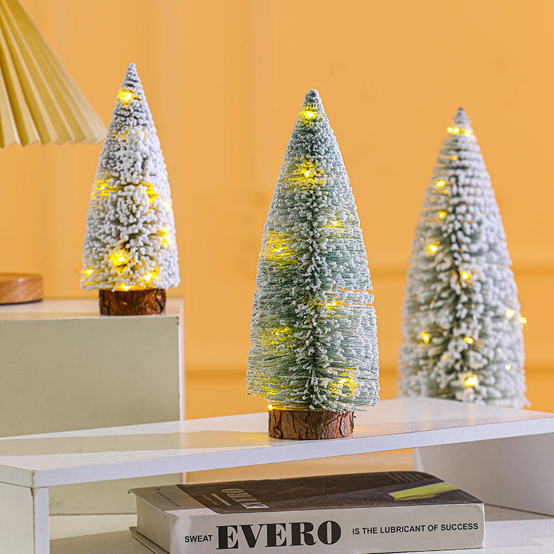 Mini Christmas Tree with Built-In LED Lights | Snow Dusted Finish on a Wooden Base | Warm Glow for Desks and Shelves