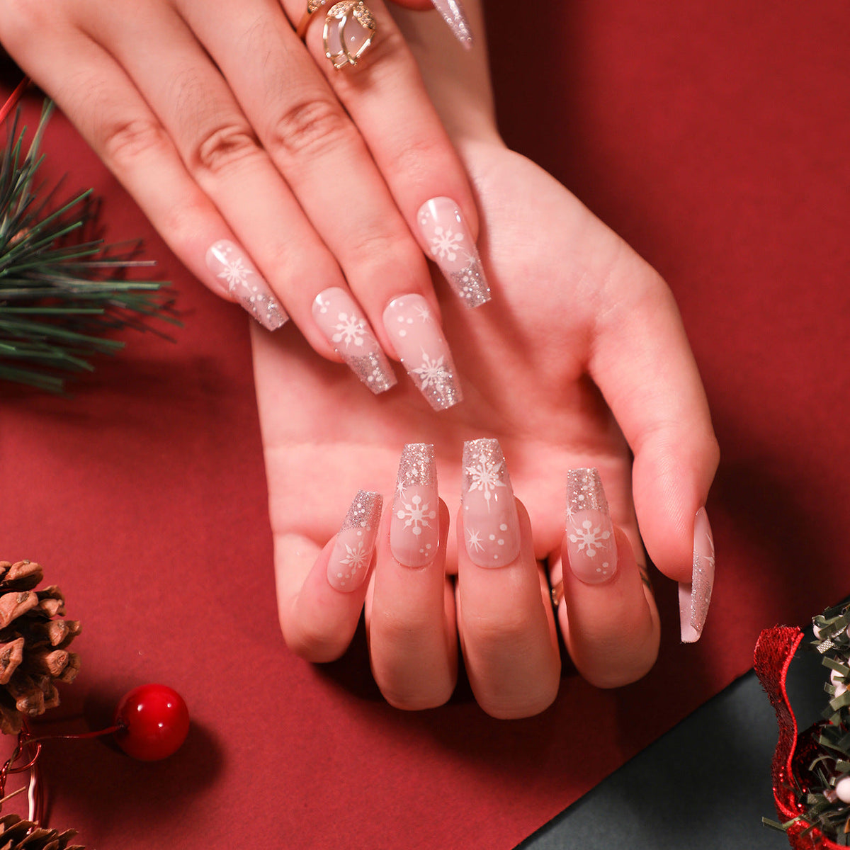 Glitter Acrylic Nails with Snowflake Accents | Christmas Nail Art Set in Yellow | Festive Xmas Manicure for Holiday Parties