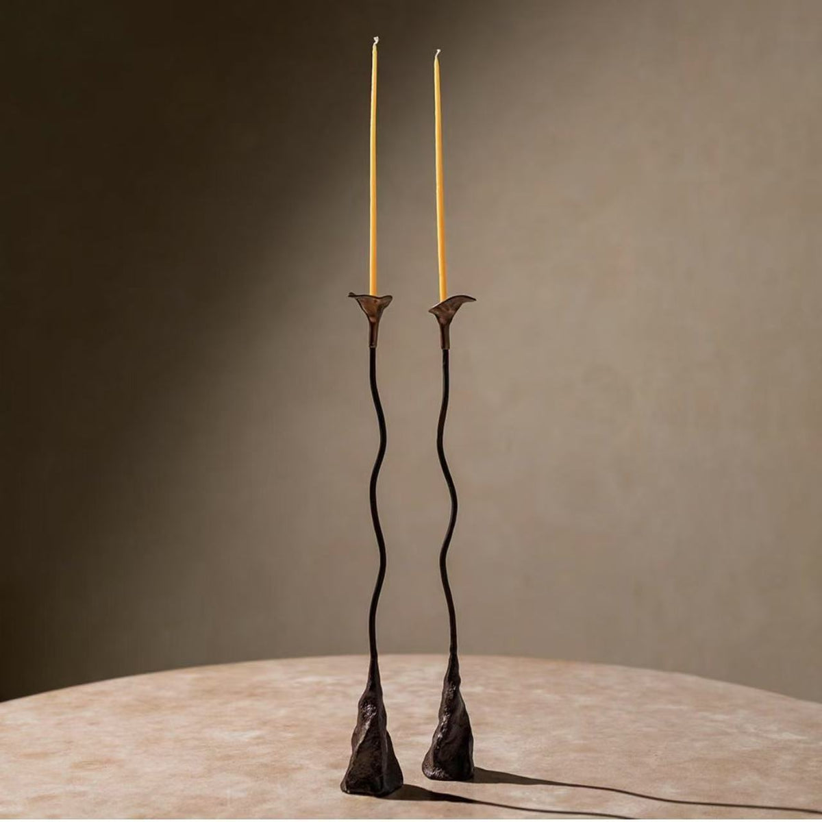 Abstract Candle Holder with Wavy Stem and Flared Cup | Cast Base for Shelf or Mantelpiece | Wipes Clean