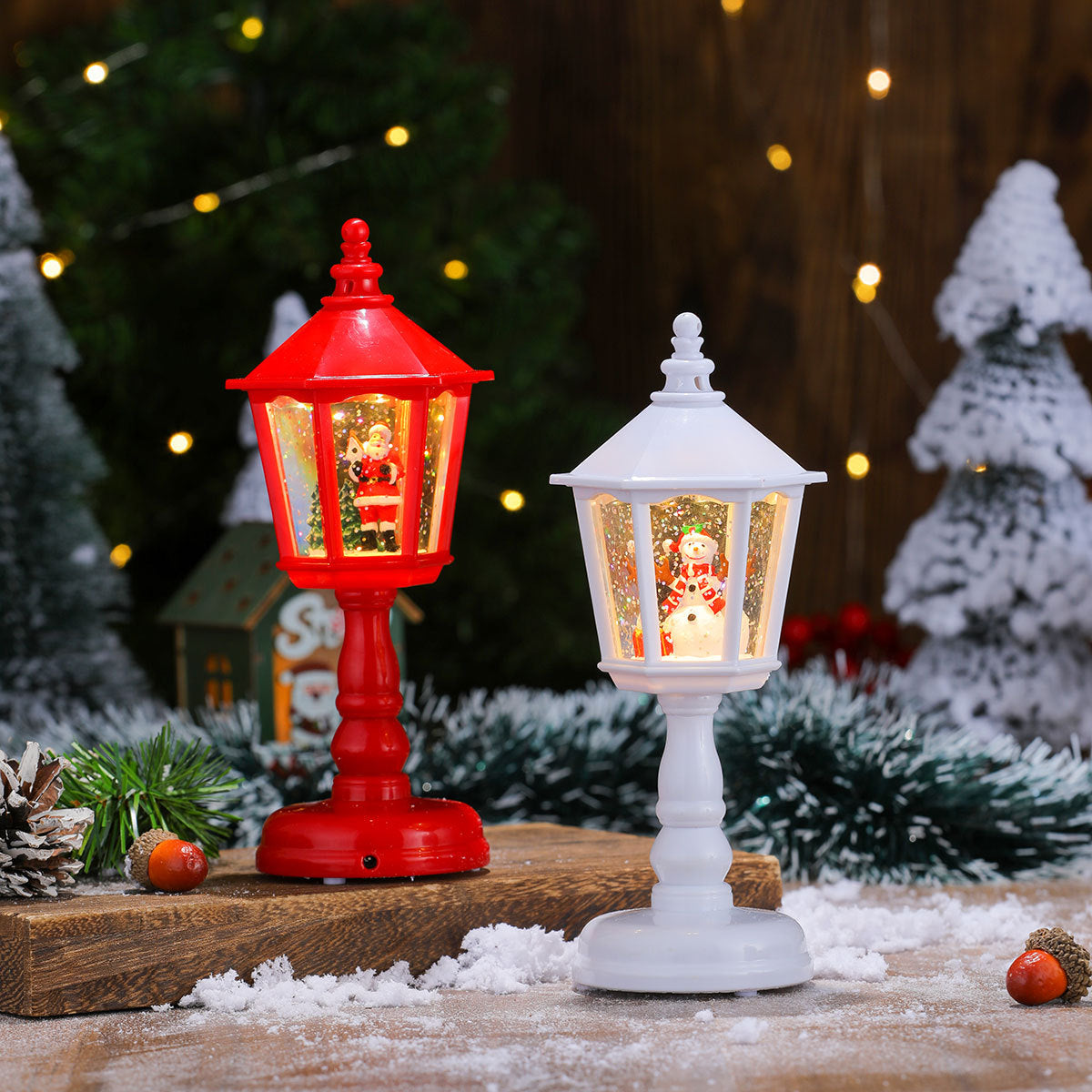 Street Lamp Lantern with Christmas Lights | Santa Figure Inside, in Red or White | Indoor and Outdoor Tabletop Decor