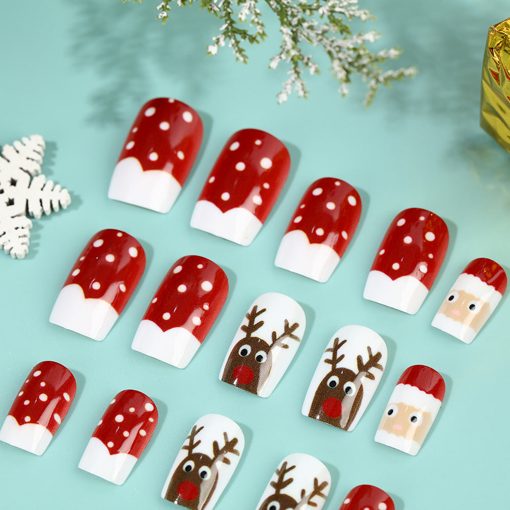 Reindeer and Snowman Christmas Nails | Glossy Press On Fingernails in Mixed Sizes | Adhesive Tabs for Festive Parties