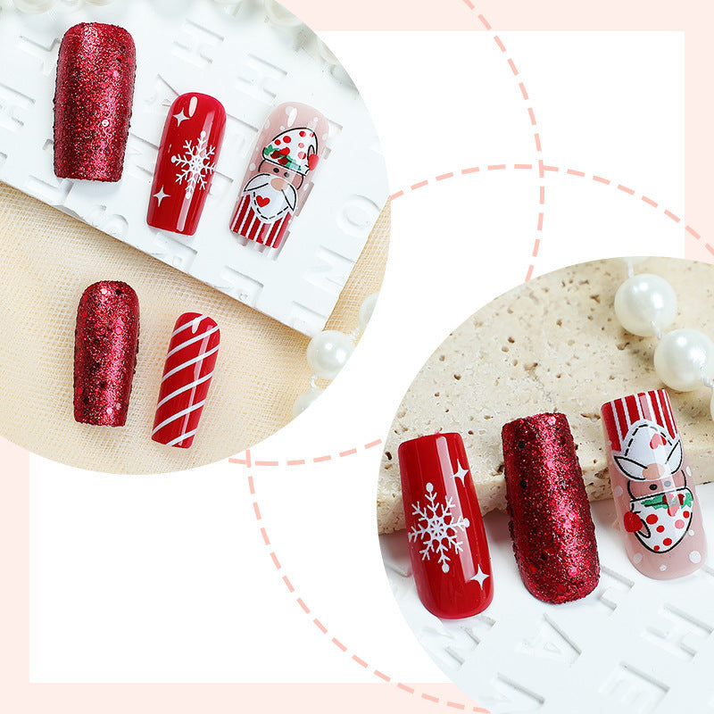 Candy Cane Christmas Nails with Snowman and Snowflake Art | Glitter Press On Nail Set | Festive Winter Manicure