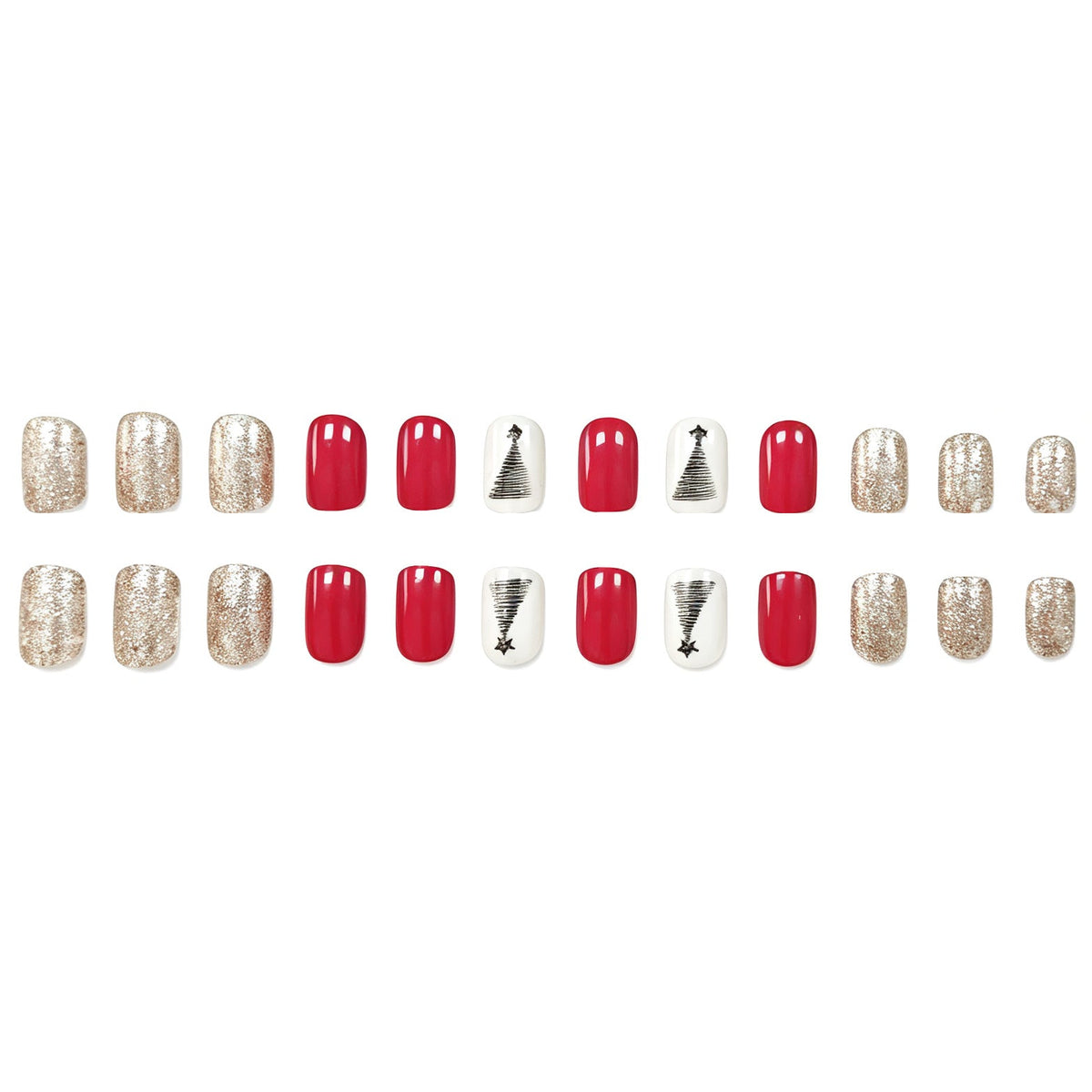 Christmas Tree Nails in Red and Silver Glitter | Press-On Set in Gift-Ready Packaging | Quick Festive Manicure at Home