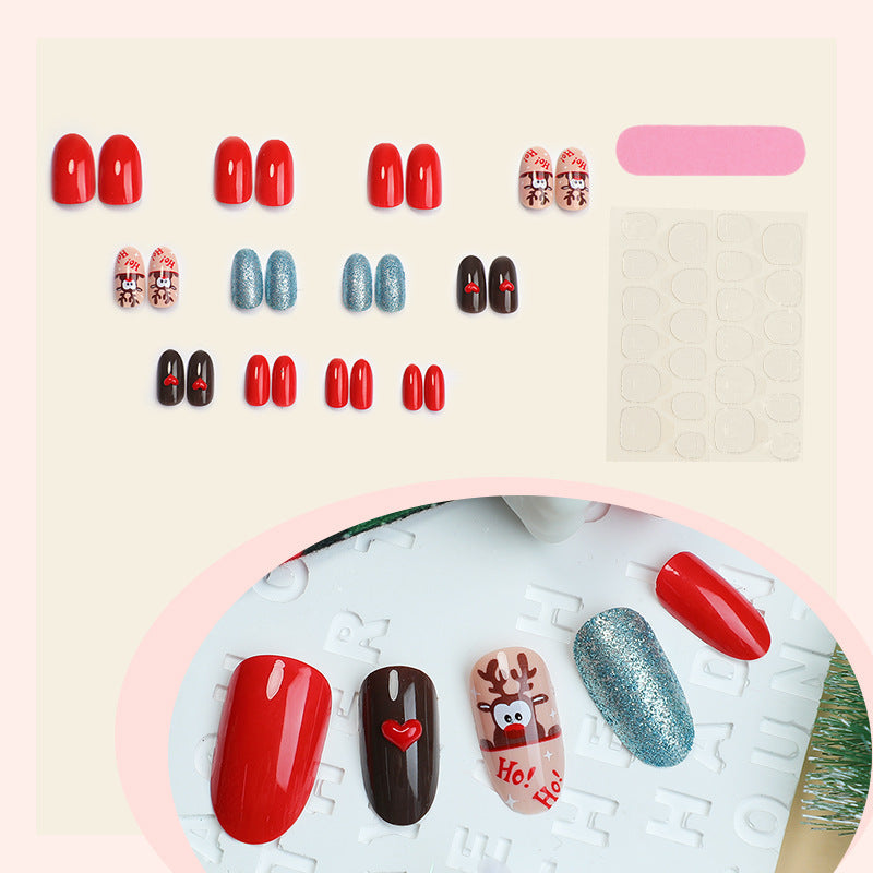 Christmas Press On Nails in Bright Red with Glitter | Set of 24 Fake Nail Tips with Reindeer | Festive Xmas Manicure