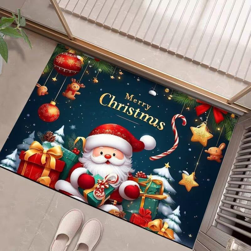 Christmas Door Mat with Merry Santa and Gift Print | Durable Fibers, Strong Underfoot Grip | Indoor Outdoor Entryway Decor