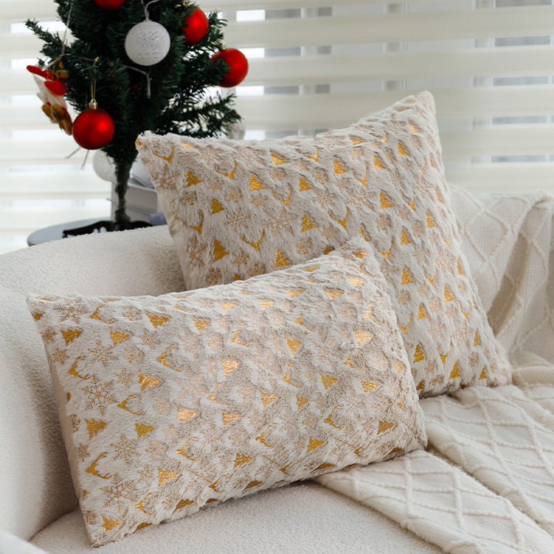 Velvet Pillow Cover with Metallic Deer and Tree Print | Hidden Zipper, Machine Washable | Christmas Decorations for Sofa