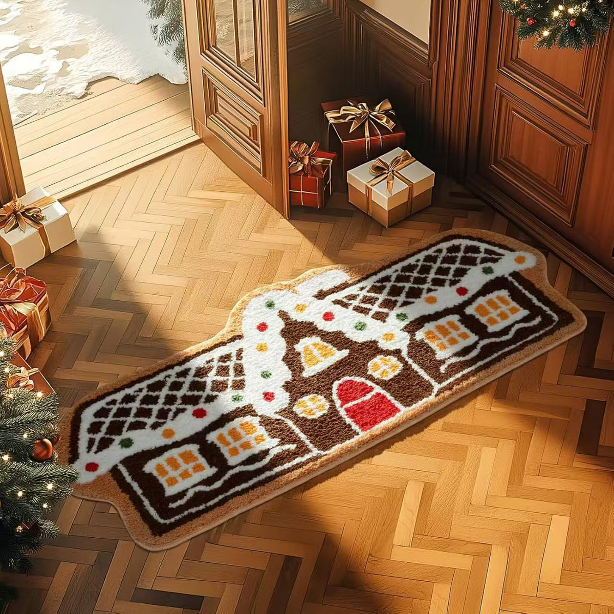 Christmas Tree Shaped Rug with Candy Cane and Snowflake Print | Soft Fibers Underfoot | Living Room and Entryway Mat