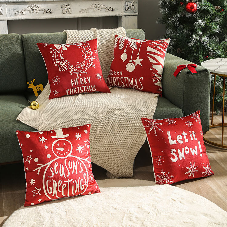 Velvet Christmas Pillow Cover with Season's Greetings Script | Hidden Zipper, Machine Washable | Red Holiday Decorations