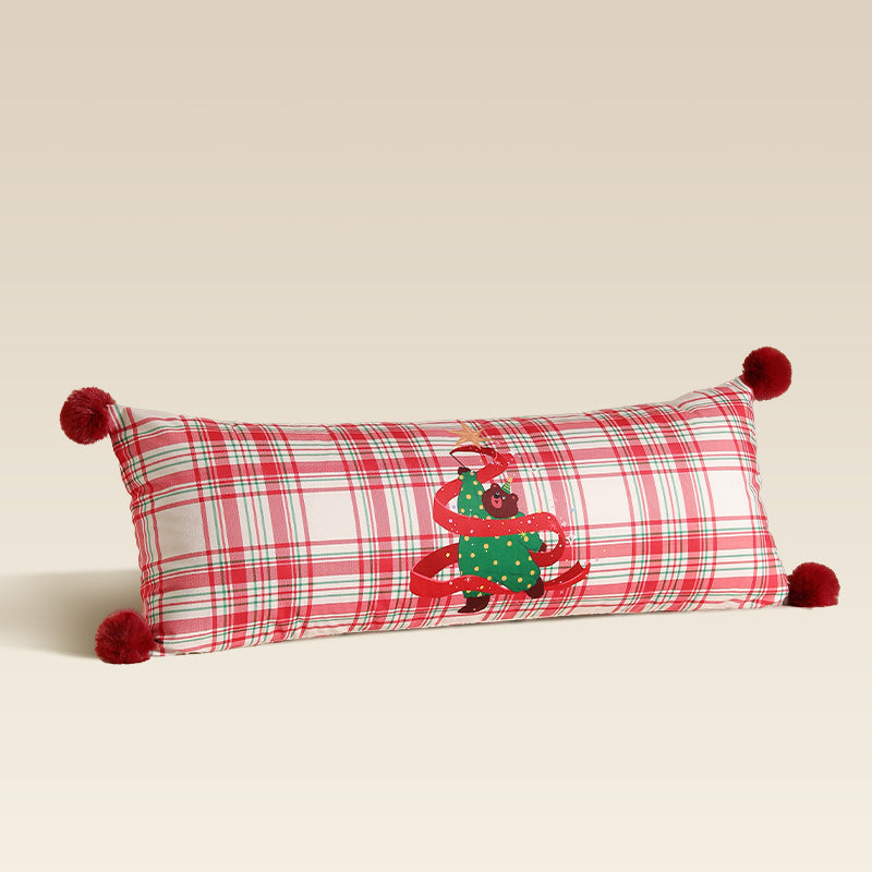 Extra Long Plaid Lumbar Pillow for Christmas Living Room | Pom-Pom Corners, Cotton Blend Cover | 13.78 x 35.43 in, Five Designs