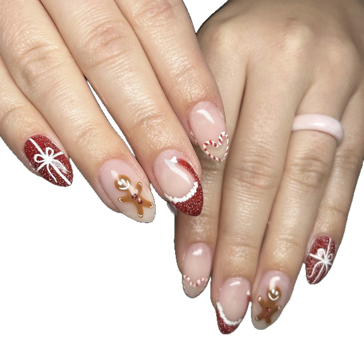 Candy Cane and Gingerbread Nails with Glitter | Christmas Press On Nail Designs | Festive Winter Manicure for Parties