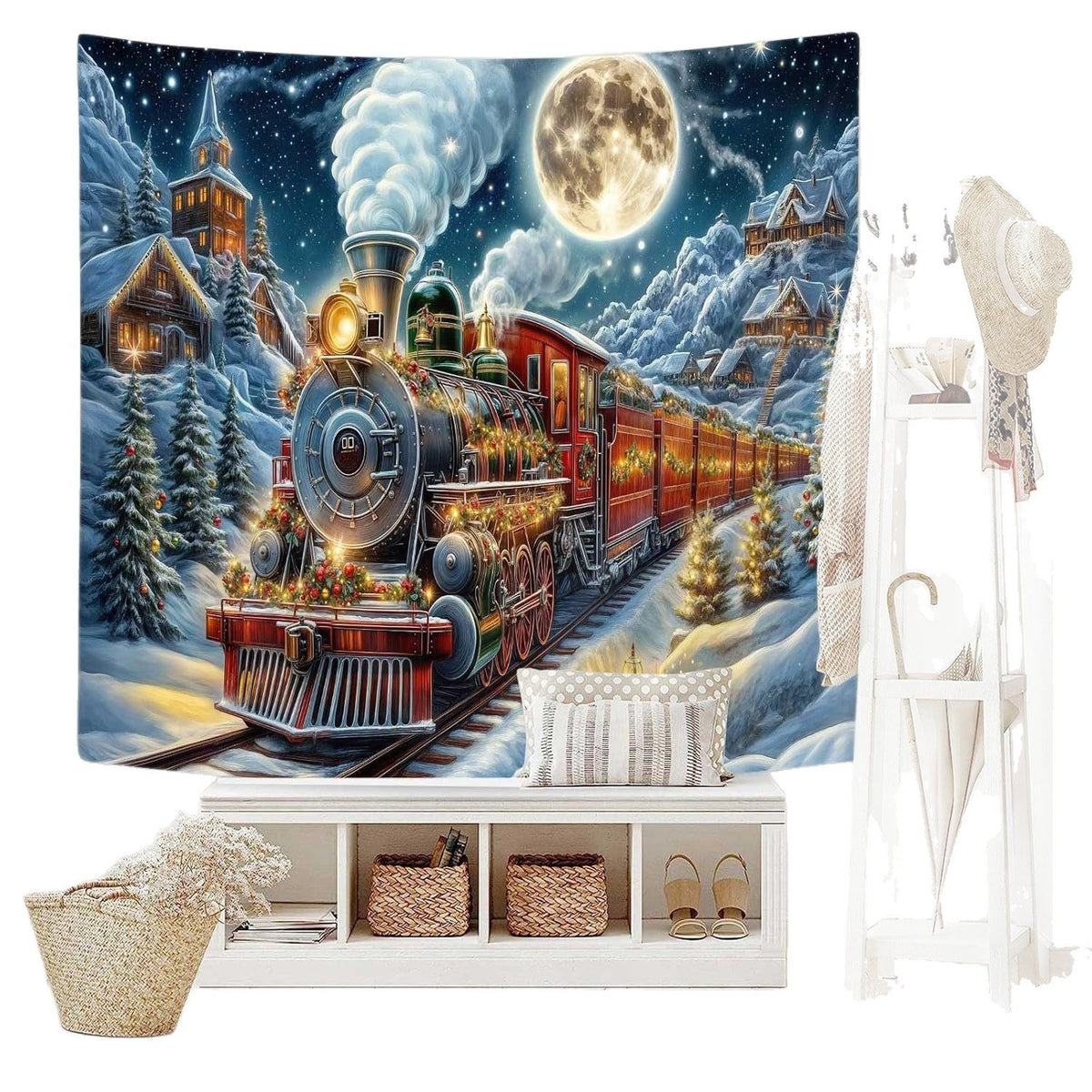 Steam Train Christmas Wall Tapestry | Winter Wonderland Scene on Lightweight Fabric | Vintage Holiday Decorations in Blue