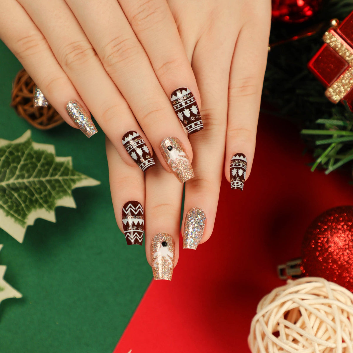 Black Christmas Nails with Nordic Knit Pattern | Glitter and Rhinestone Accents | Press On Tips in Several Sizes