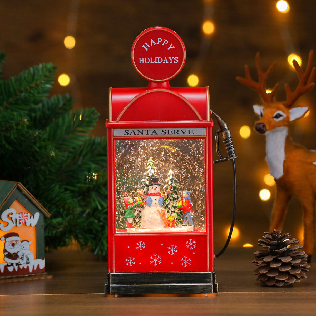 Santa Scene Lantern with Warm Christmas Lights | Battery Operated Tabletop Decor | Vintage Style and a Snowy Backdrop