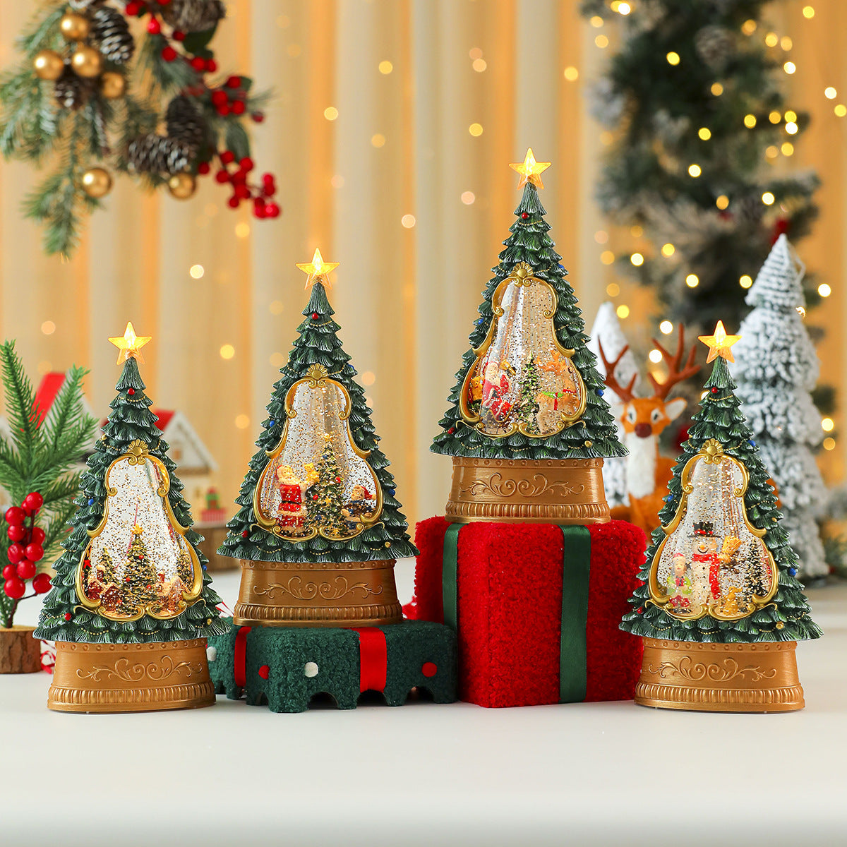 Illuminated Christmas Tree Decorations with a Sparkling Star Top | Painted Scene Behind a Clear Window | Warm Table Glow