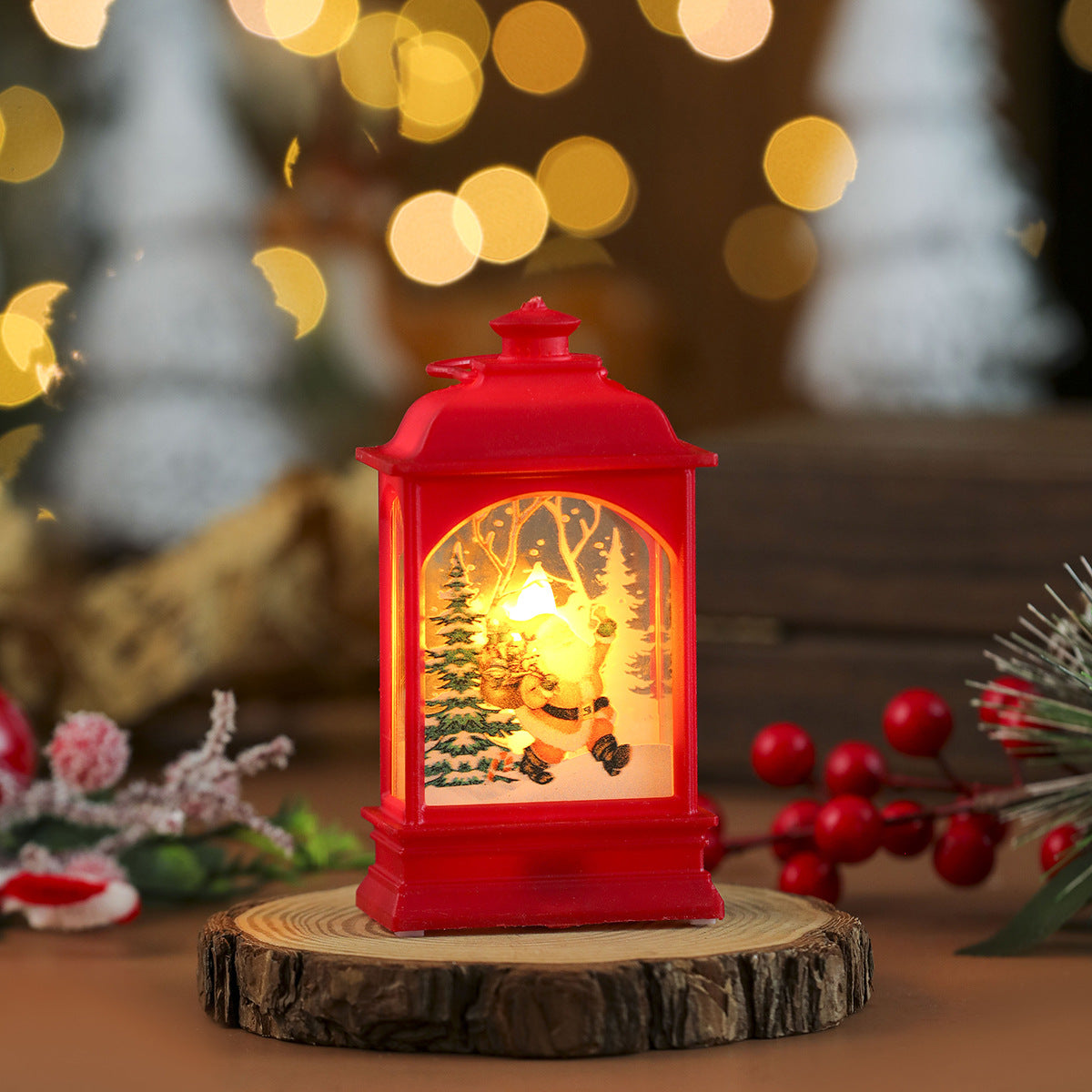 Illuminated Christmas Lanterns with Santa and a Snowy Backdrop | Warm Glow for Indoor or Outdoor Use | Compact Mantel Decor