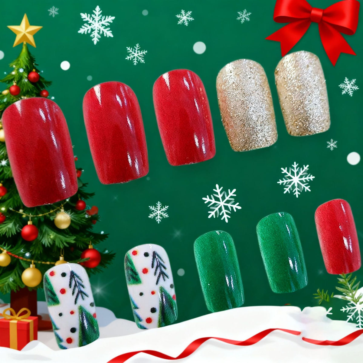 Green and Gold Christmas Nails with Tree Art | Glitter Accent Tips | Non Toxic Polish with a Chip Proof Finish