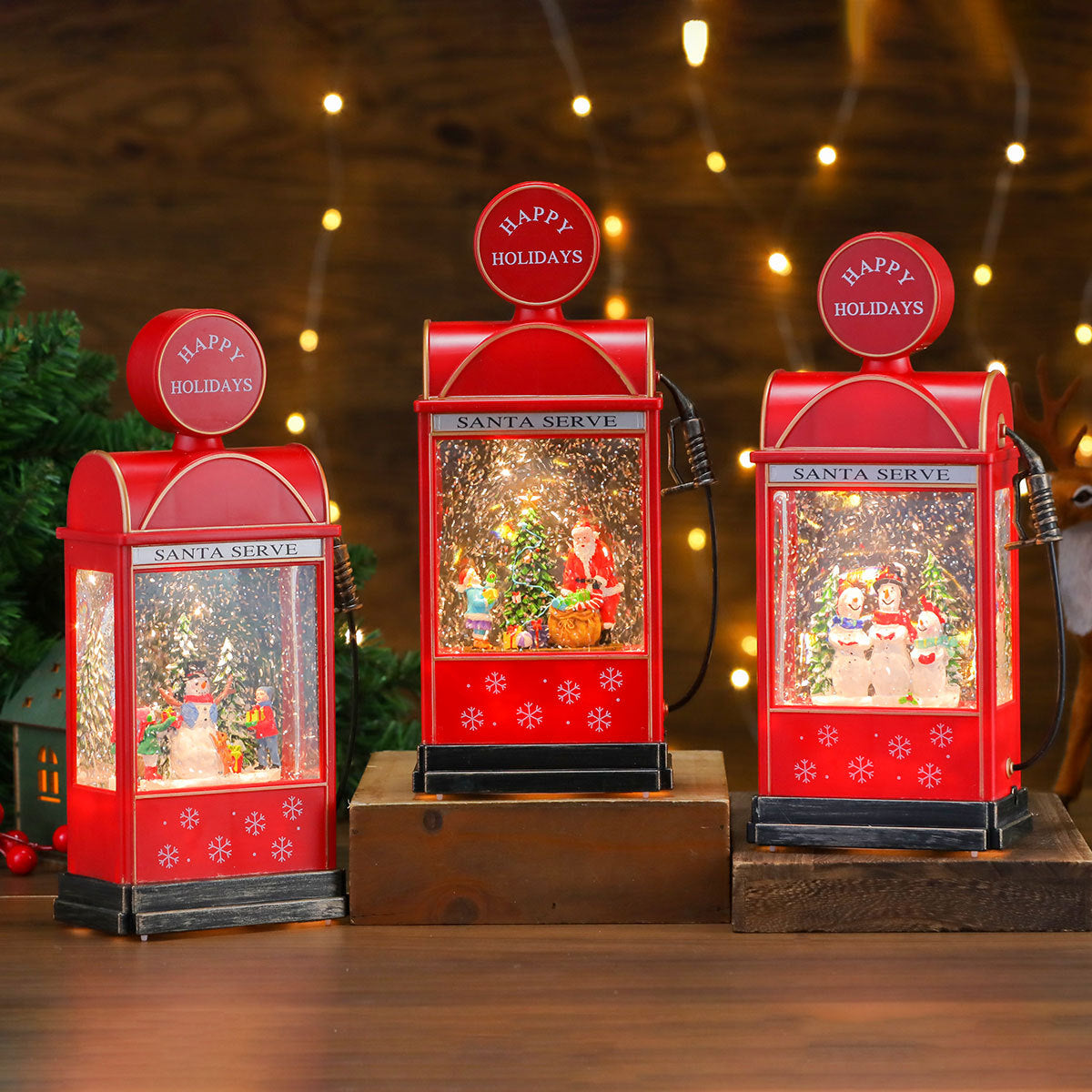 Santa Scene Lantern with Warm Christmas Lights | Battery Operated Tabletop Decor | Vintage Style and a Snowy Backdrop