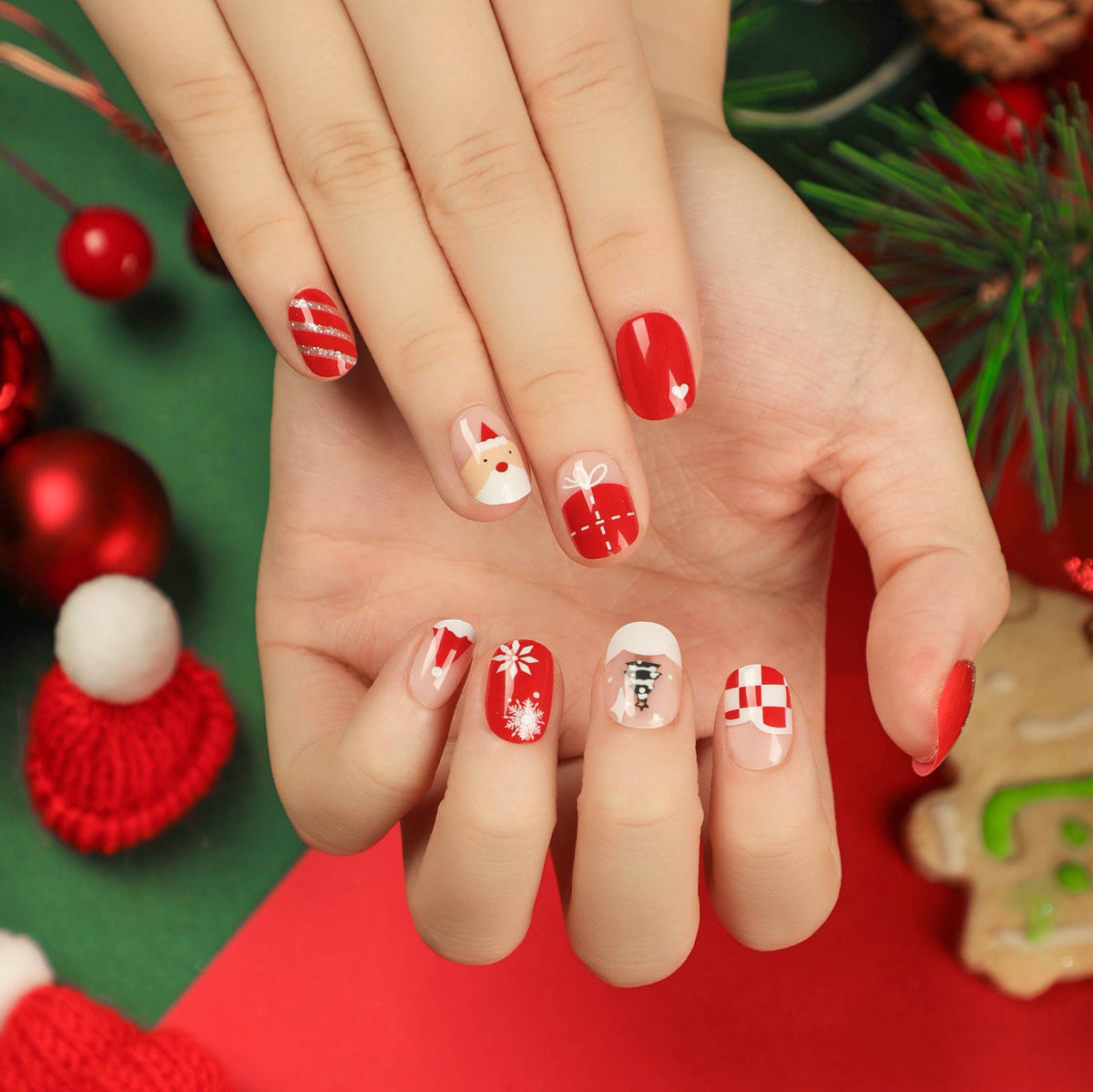 Santa Christmas Nails with Snowflake Accents | Festive Press On Nail Art | Easy Home Manicure for Holiday Parties