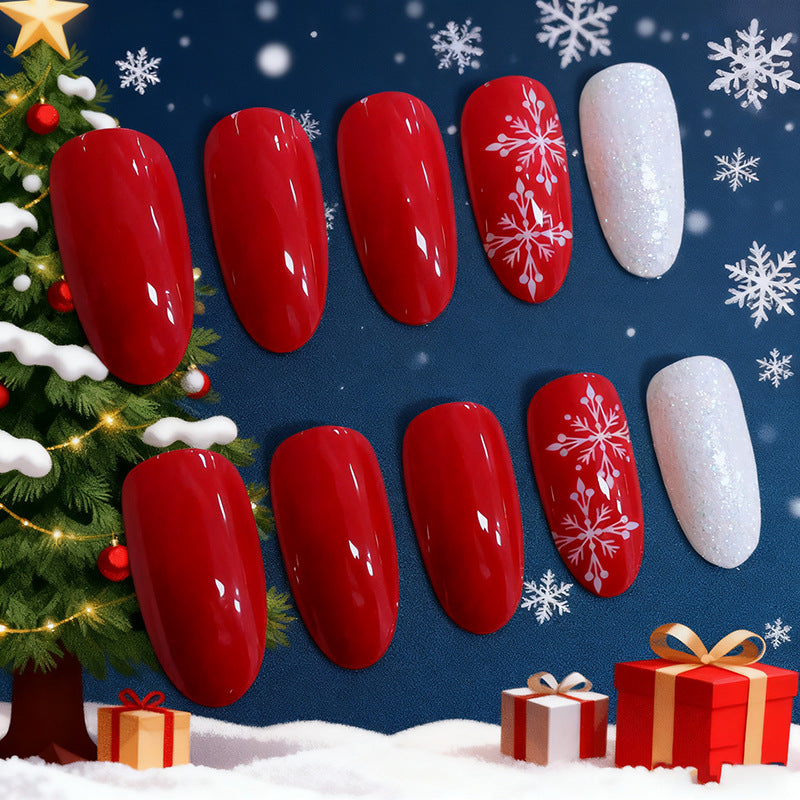 Red and White Christmas Nails with Snowflake and Lettering Art | Long Almond Press On Tips | Glossy Durable Finish