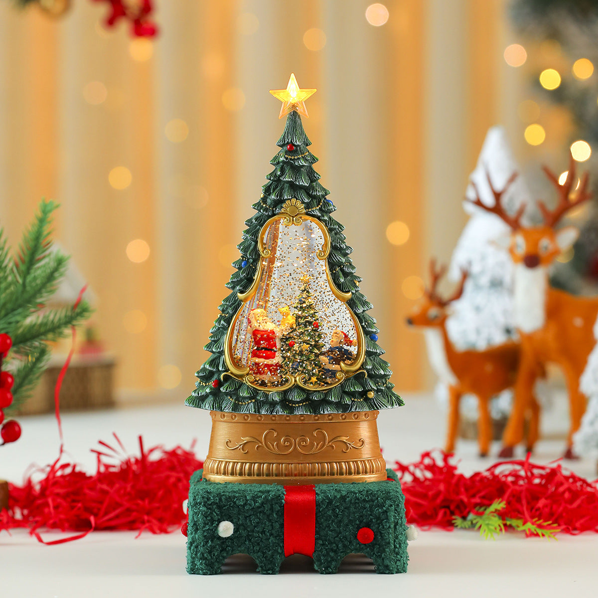 Illuminated Christmas Tree Decorations with a Sparkling Star Top | Painted Scene Behind a Clear Window | Warm Table Glow
