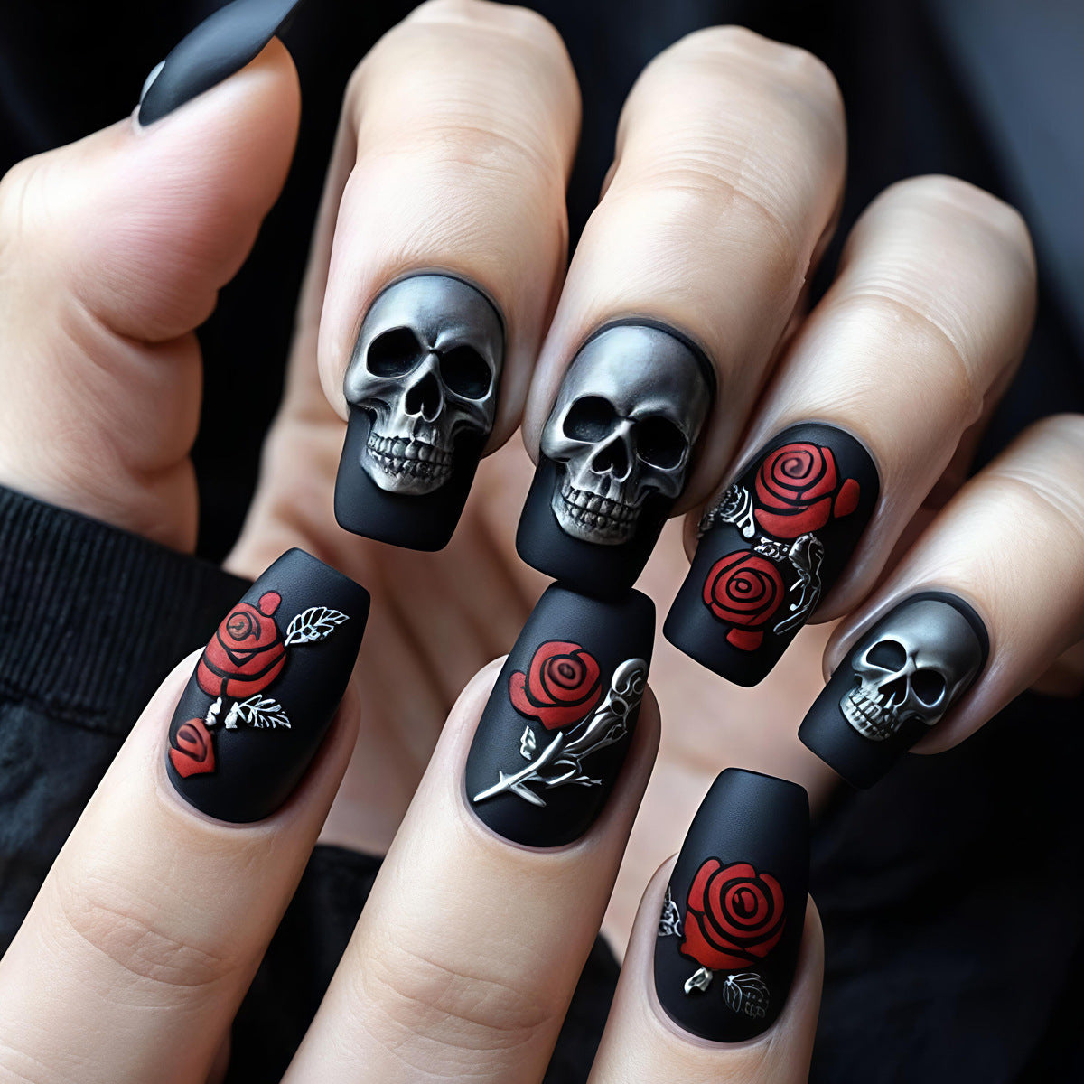 Halloween Skull Floral Gothic Press-On Nails | Available in Jelly | Glue-Free Application in Minutes for Parties and Nights Out