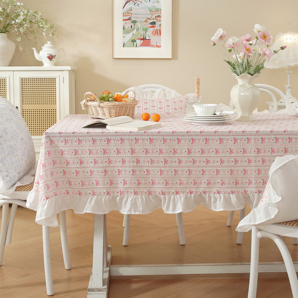 Ruffled Hem Tablecloth with Floral Pattern | Hard-Wearing Machine Washable Fabric | 3 Sizes | 4 Colors