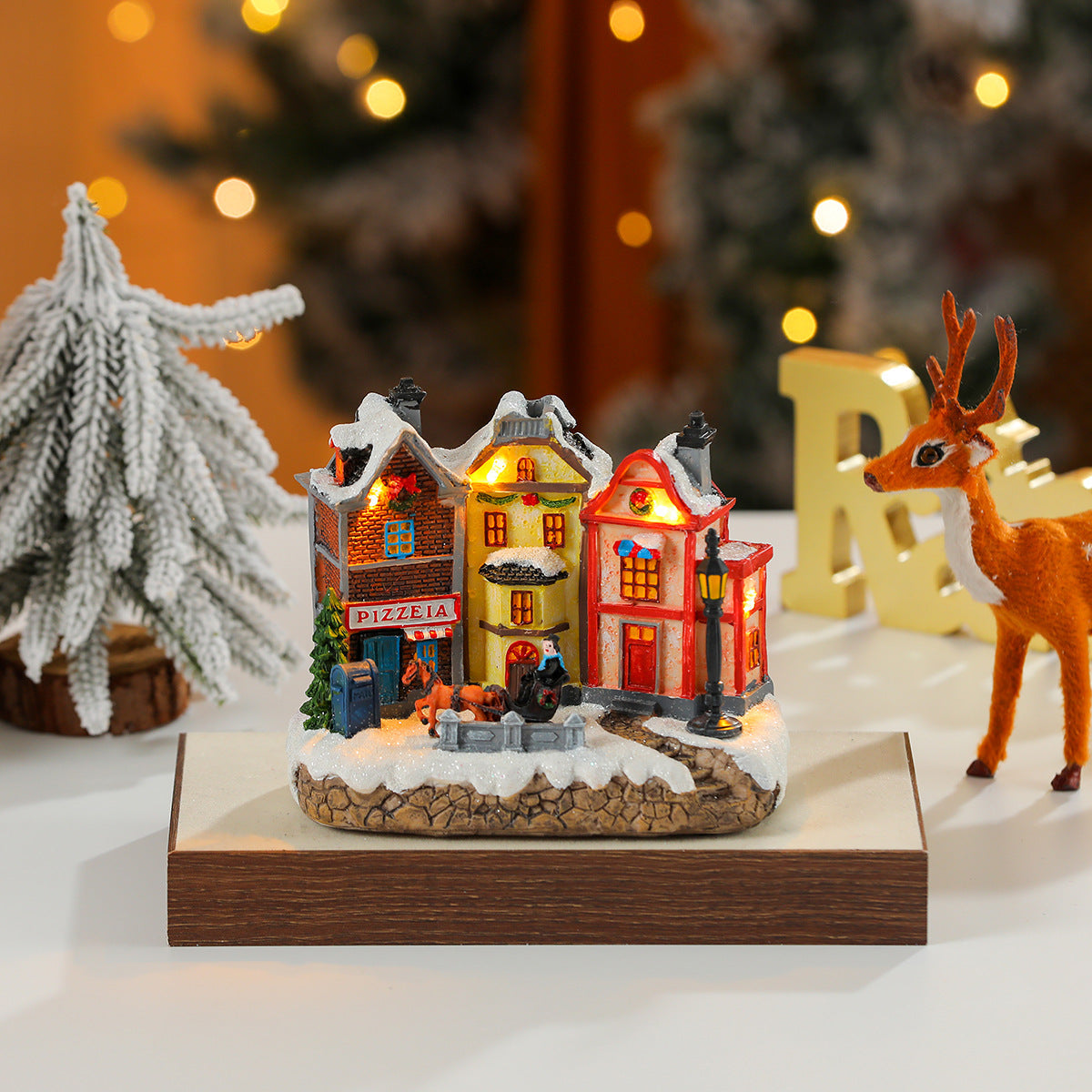 Christmas Village Houses with LED Lights | Hand Painted Resin Shop Scene | Battery Operated Winter Display