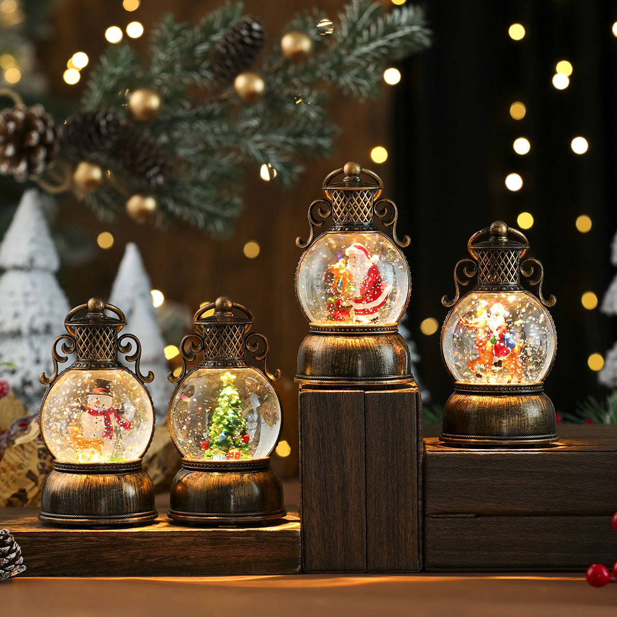 Globe Top Lantern with Santa's Reindeer Scene Inside | Energy Saving LED Glow | Christmas Tabletop and Mantel Decoration