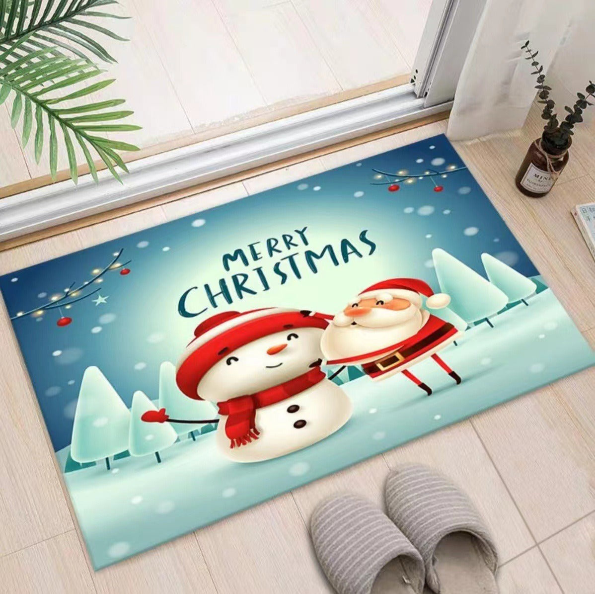 Christmas Rug for Entryway with Santa, Reindeer and Snowman | Absorbent Non-Slip Door Mat | Four Sizes, Seven Designs
